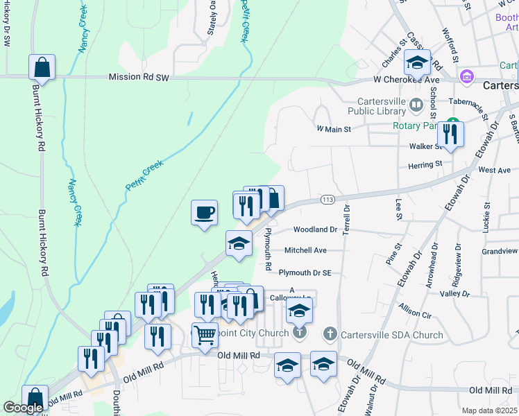 map of restaurants, bars, coffee shops, grocery stores, and more near 801 West Avenue in Cartersville