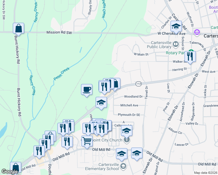 map of restaurants, bars, coffee shops, grocery stores, and more near 801 West Avenue in Cartersville