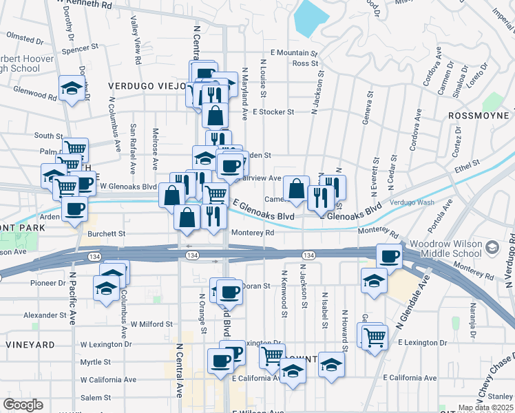map of restaurants, bars, coffee shops, grocery stores, and more near 400 Cameron Place in Glendale
