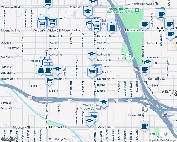 map of restaurants, bars, coffee shops, grocery stores, and more near 11739 Huston Street in Los Angeles