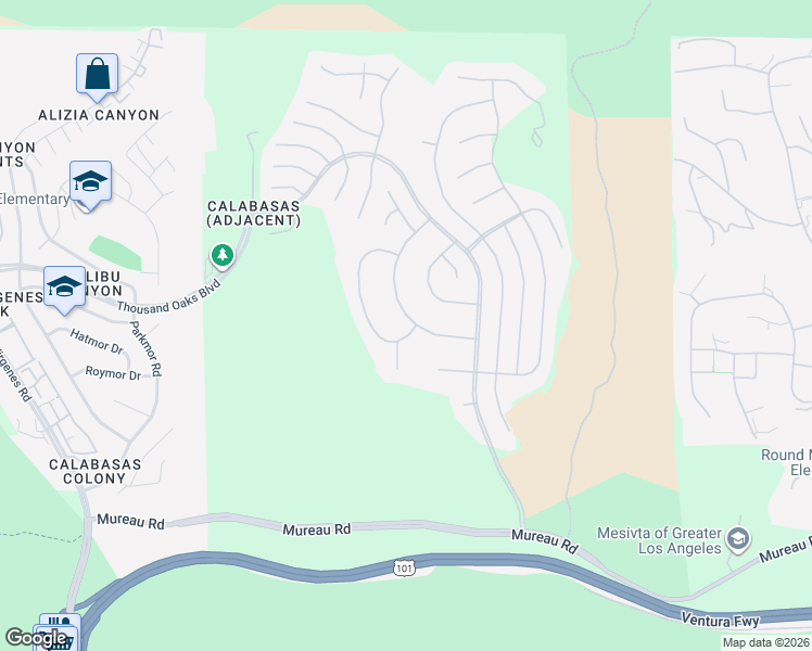 map of restaurants, bars, coffee shops, grocery stores, and more near 5420 Collingwood Circle in Calabasas
