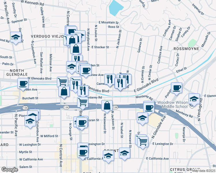 map of restaurants, bars, coffee shops, grocery stores, and more near 400 Cameron Place in Glendale