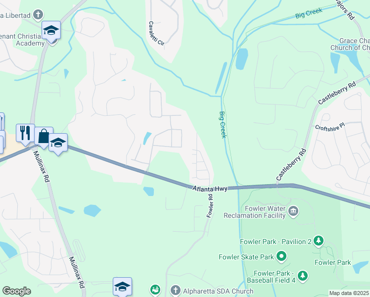 map of restaurants, bars, coffee shops, grocery stores, and more near 4990 Breezewood Circle in Alpharetta