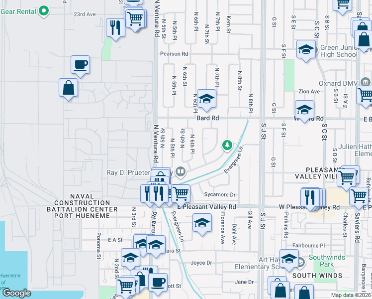 map of restaurants, bars, coffee shops, grocery stores, and more near 1203 North 6th Street in Port Hueneme