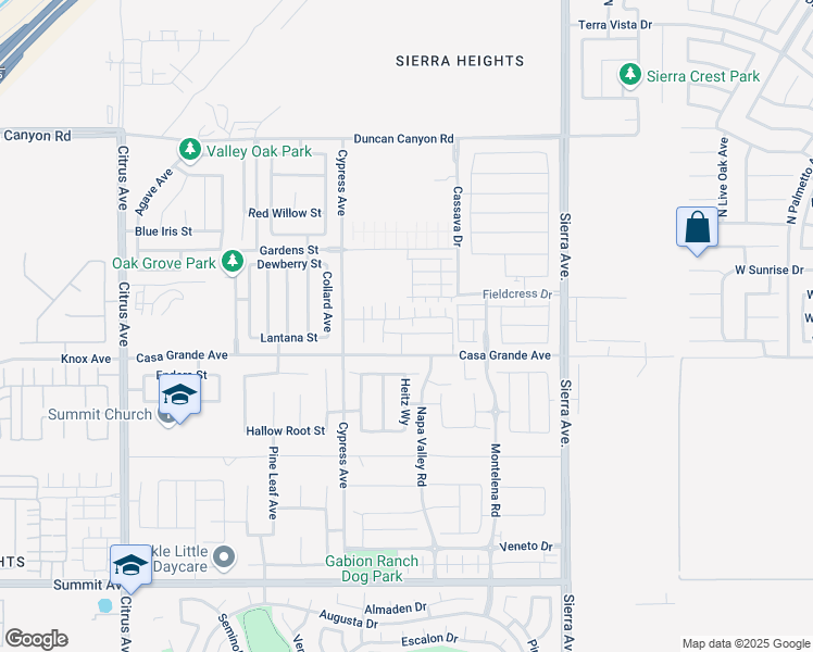 map of restaurants, bars, coffee shops, grocery stores, and more near 16502 Casa Grande Avenue in Fontana
