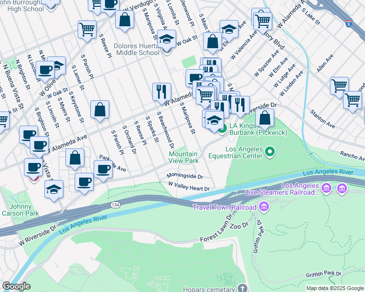 map of restaurants, bars, coffee shops, grocery stores, and more near 751 South Griffith Park Drive in Burbank