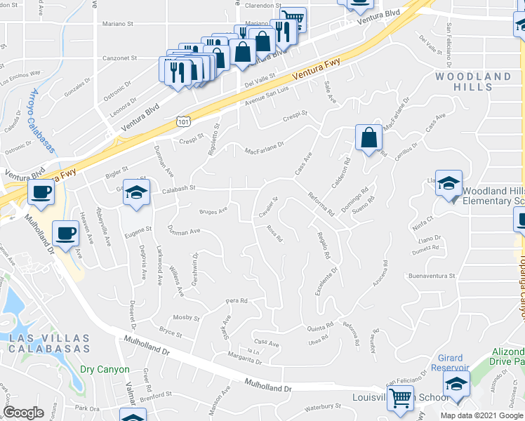 map of restaurants, bars, coffee shops, grocery stores, and more near 22661 Cavalier Street in Los Angeles