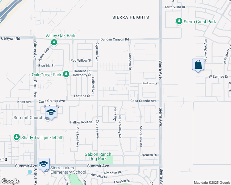 map of restaurants, bars, coffee shops, grocery stores, and more near 16502 Casa Grande Avenue in Fontana