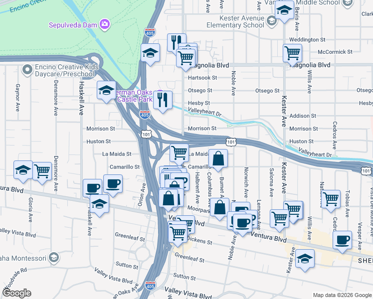 map of restaurants, bars, coffee shops, grocery stores, and more near 15245 La Maida Street in Los Angeles