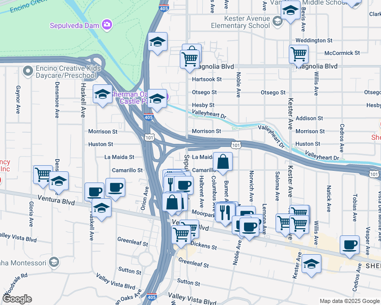 map of restaurants, bars, coffee shops, grocery stores, and more near 15245 La Maida Street in Los Angeles
