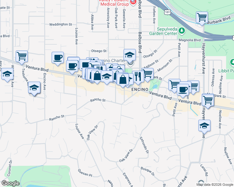 map of restaurants, bars, coffee shops, grocery stores, and more near 4838 Oak Park Avenue in Los Angeles