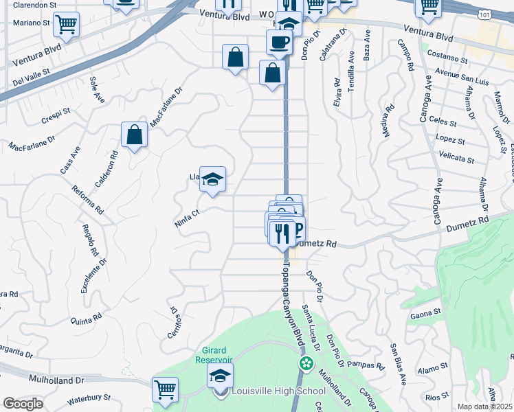 map of restaurants, bars, coffee shops, grocery stores, and more near 22101 De La Osa Street in Los Angeles