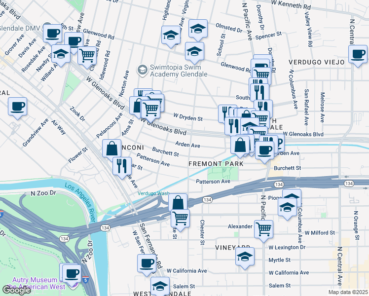 map of restaurants, bars, coffee shops, grocery stores, and more near 708 Arden Avenue in Glendale