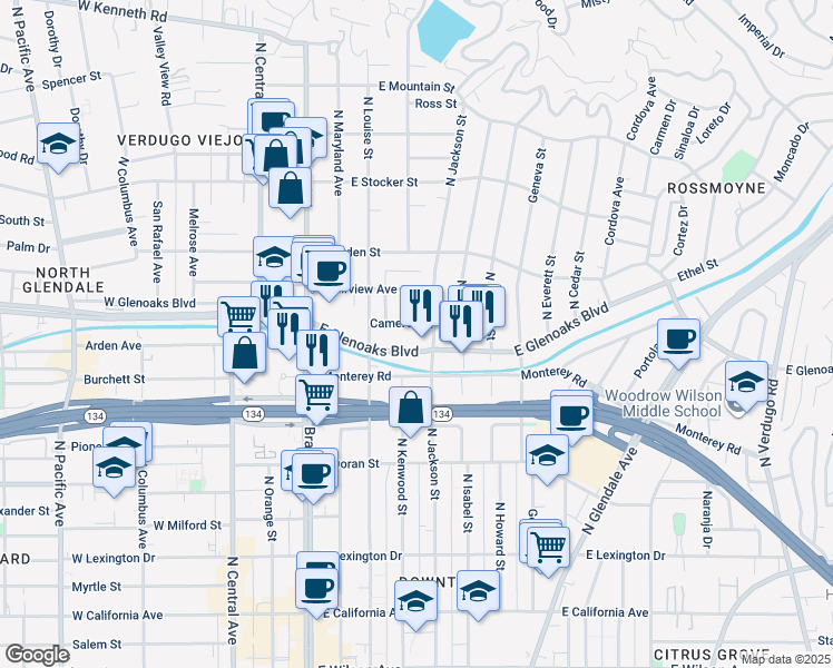 map of restaurants, bars, coffee shops, grocery stores, and more near 400 Cameron Place in Glendale