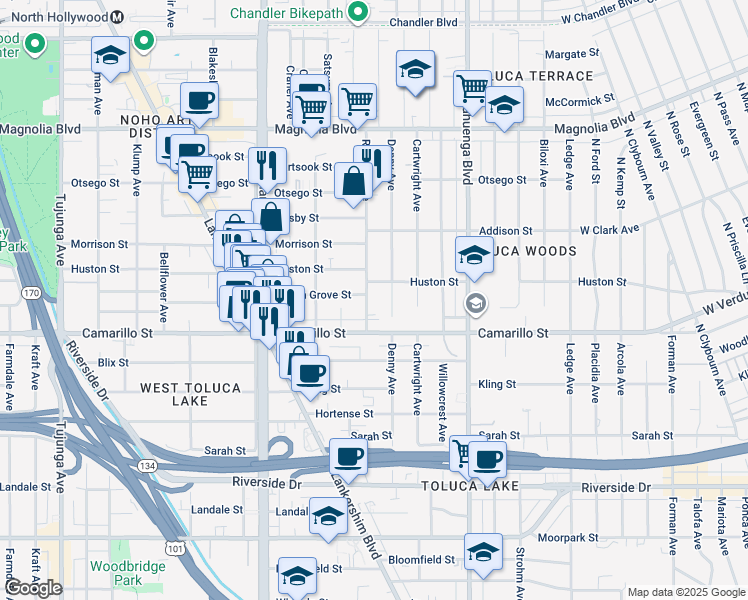 map of restaurants, bars, coffee shops, grocery stores, and more near 10765 Huston Street in Los Angeles