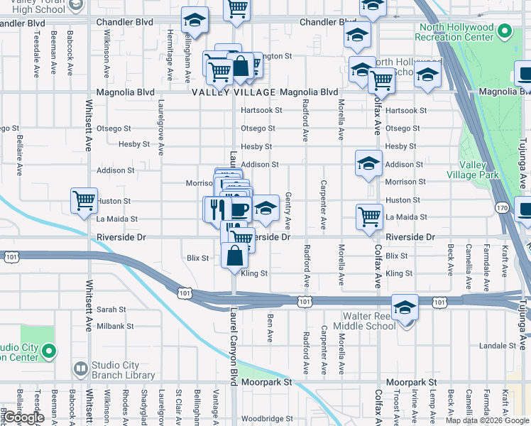 map of restaurants, bars, coffee shops, grocery stores, and more near 4843 Ben Avenue in Los Angeles