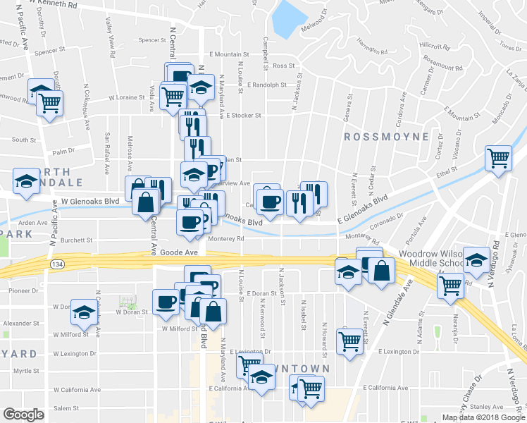 map of restaurants, bars, coffee shops, grocery stores, and more near 403 Cameron Place in Glendale