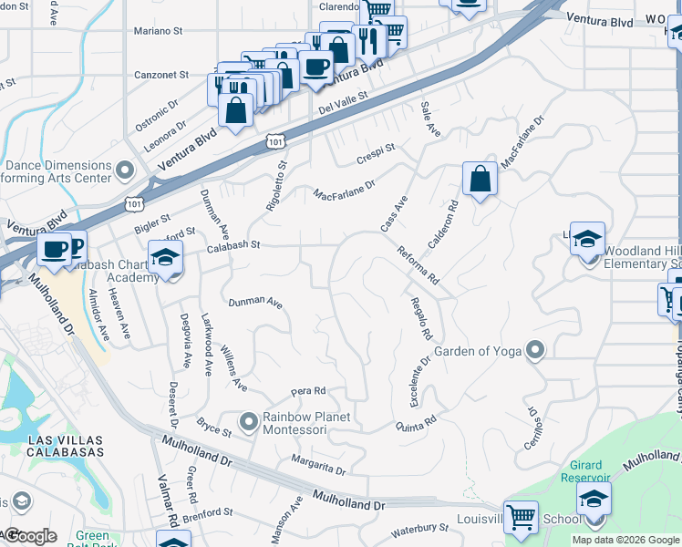 map of restaurants, bars, coffee shops, grocery stores, and more near 22661 Cavalier Street in Los Angeles