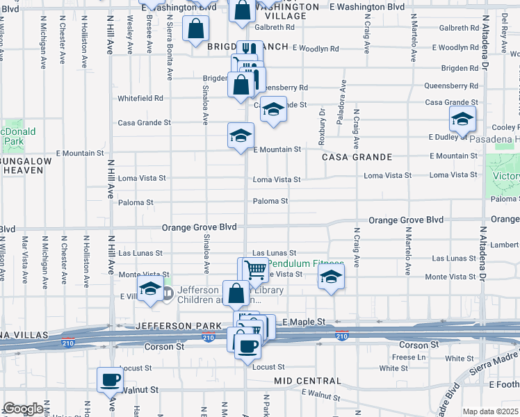 map of restaurants, bars, coffee shops, grocery stores, and more near 1850 Paloma Street in Pasadena
