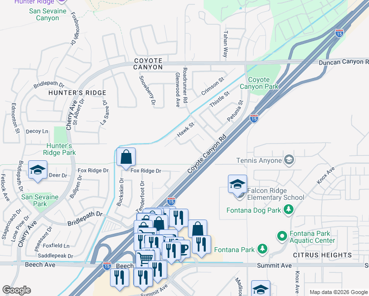 map of restaurants, bars, coffee shops, grocery stores, and more near 15239 Wren Street in Fontana