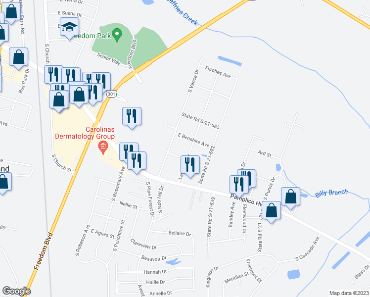 map of restaurants, bars, coffee shops, grocery stores, and more near 2505 Lakeview Drive in Florence