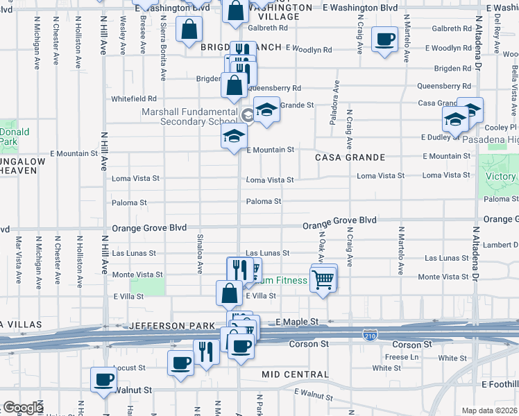 map of restaurants, bars, coffee shops, grocery stores, and more near 1870 Paloma Street in Pasadena