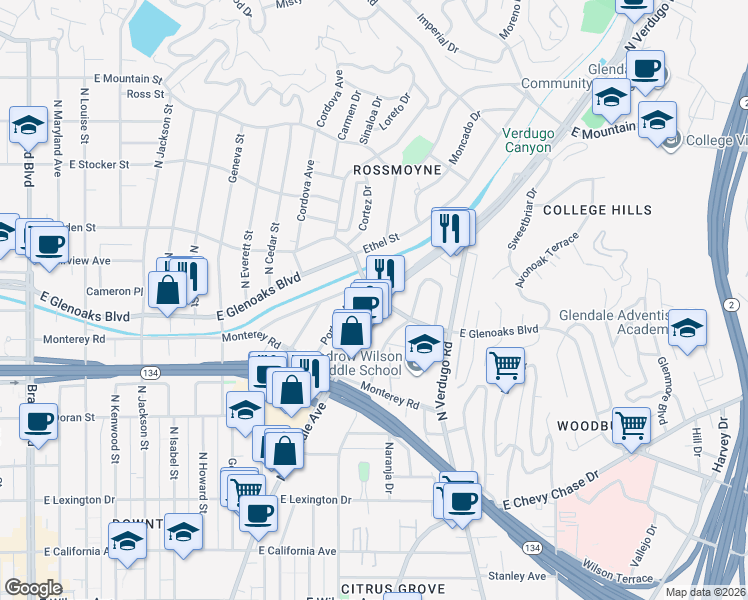 map of restaurants, bars, coffee shops, grocery stores, and more near 1037 East Glenoaks Boulevard in Glendale