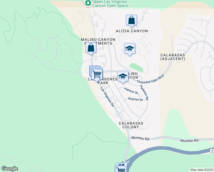 map of restaurants, bars, coffee shops, grocery stores, and more near 5602 Las Virgenes Road in Calabasas