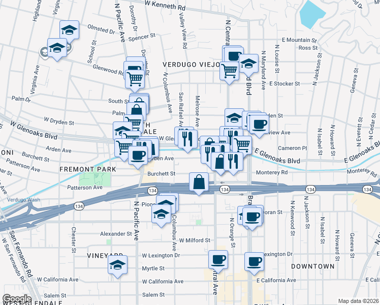 map of restaurants, bars, coffee shops, grocery stores, and more near 300 West Glenoaks Boulevard in Glendale