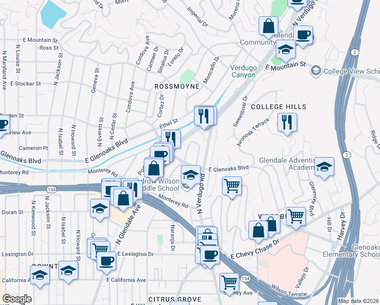 map of restaurants, bars, coffee shops, grocery stores, and more near 916 Verdugo Circle Drive in Glendale