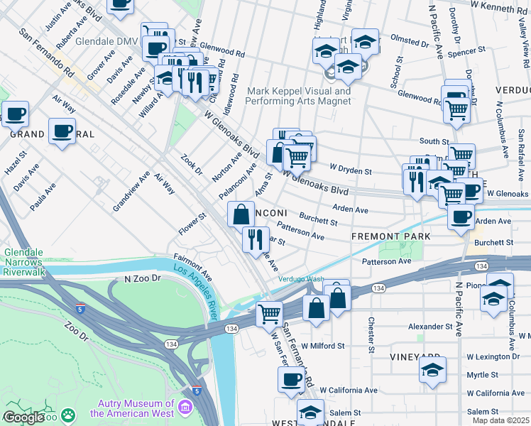 map of restaurants, bars, coffee shops, grocery stores, and more near 823 Highland Avenue in Glendale