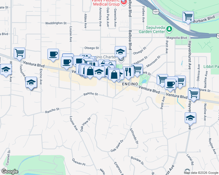 map of restaurants, bars, coffee shops, grocery stores, and more near 17038 West Oak Park Court in Los Angeles