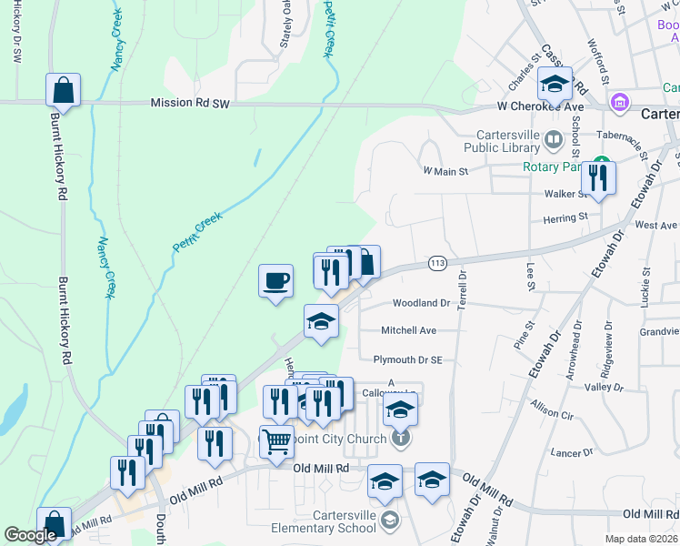 map of restaurants, bars, coffee shops, grocery stores, and more near 801 West Avenue in Cartersville