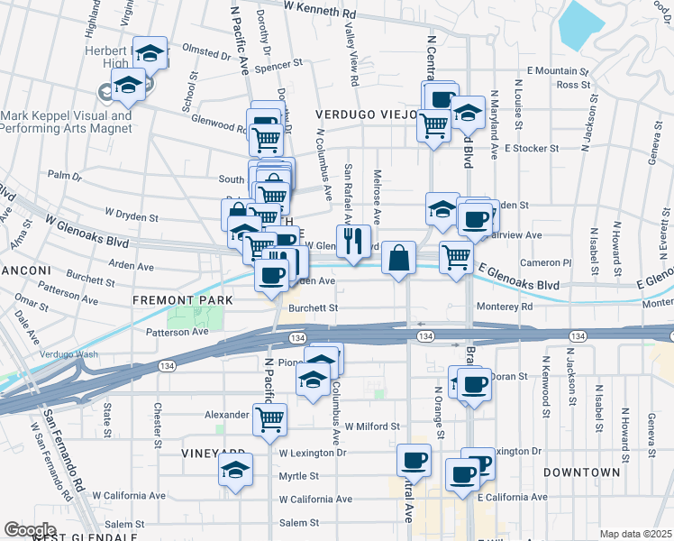 map of restaurants, bars, coffee shops, grocery stores, and more near 395 Arden Avenue in Glendale