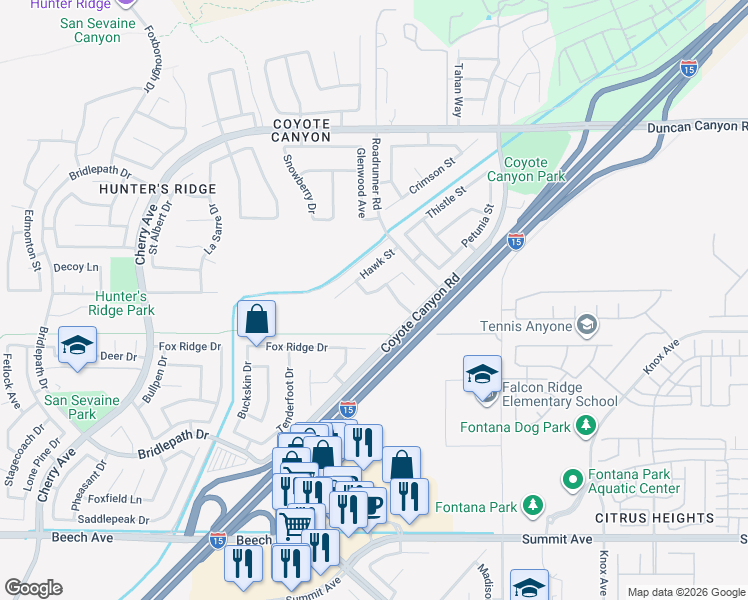map of restaurants, bars, coffee shops, grocery stores, and more near 15239 Wren Street in Fontana
