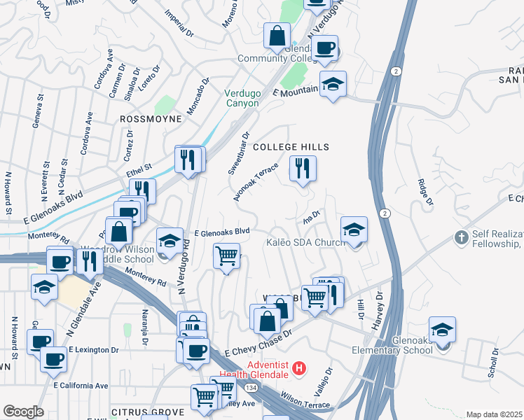 map of restaurants, bars, coffee shops, grocery stores, and more near 1000 Principia Drive in Glendale