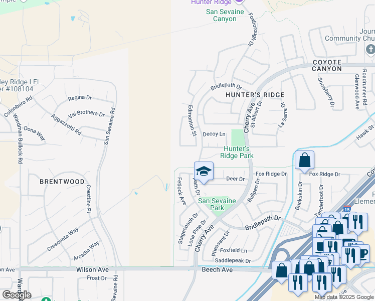 map of restaurants, bars, coffee shops, grocery stores, and more near 14559 Vancouver Avenue in Fontana