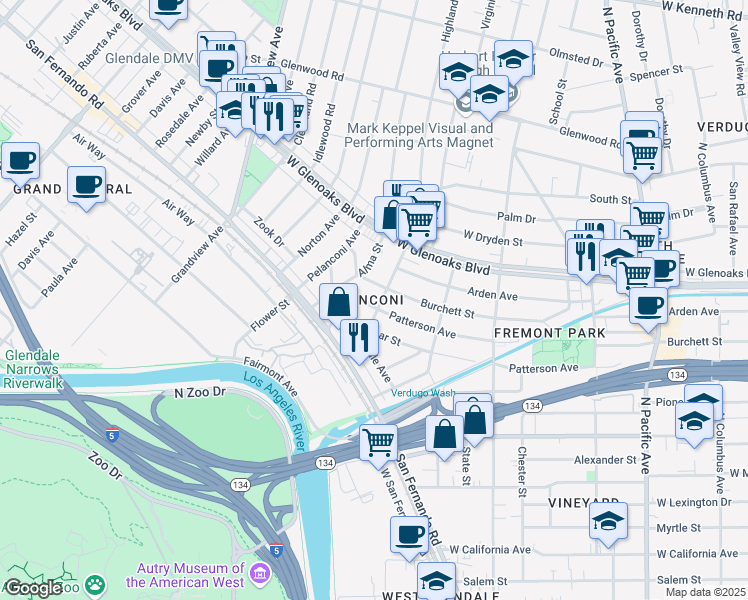map of restaurants, bars, coffee shops, grocery stores, and more near 823 Highland Avenue in Glendale
