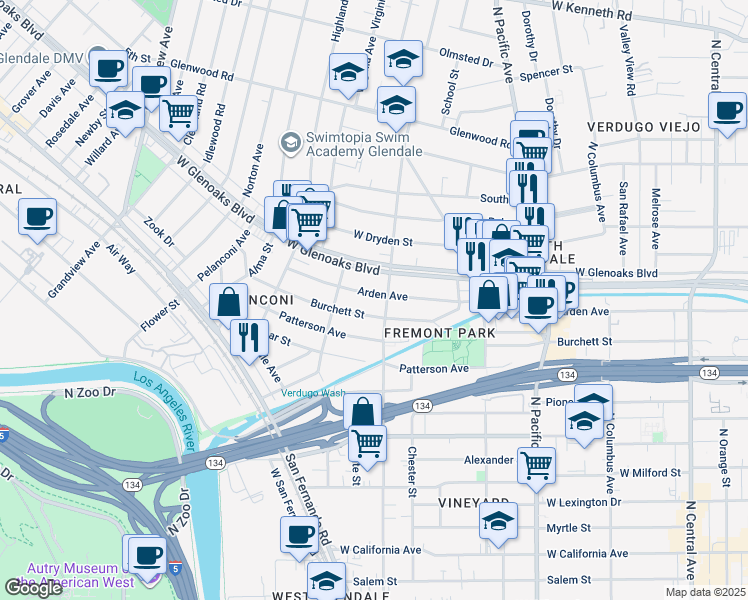 map of restaurants, bars, coffee shops, grocery stores, and more near 708 Arden Avenue in Glendale