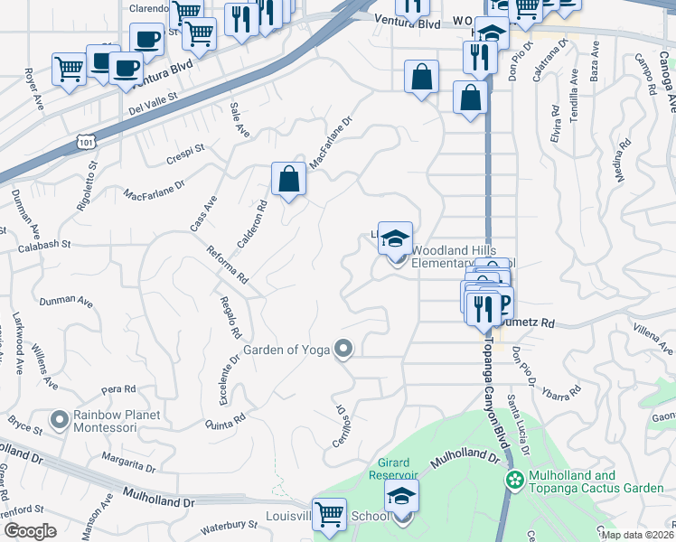 map of restaurants, bars, coffee shops, grocery stores, and more near 4981 Llano Drive in Los Angeles