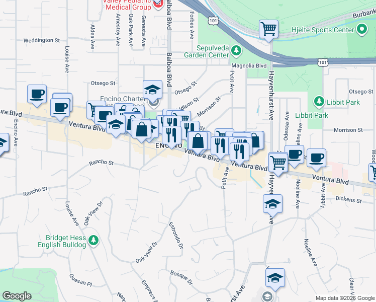 map of restaurants, bars, coffee shops, grocery stores, and more near Ventura Boulevard in Los Angeles