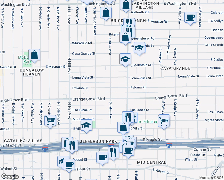 map of restaurants, bars, coffee shops, grocery stores, and more near 1700 Paloma Street in Pasadena