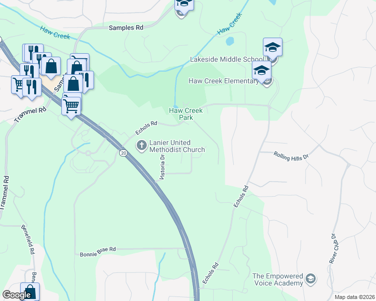 map of restaurants, bars, coffee shops, grocery stores, and more near 2460 Vistoria Drive in Cumming