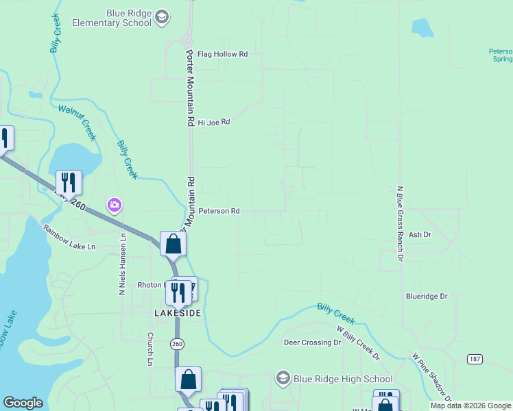 map of restaurants, bars, coffee shops, grocery stores, and more near 1260 Peterson Road in Navajo County