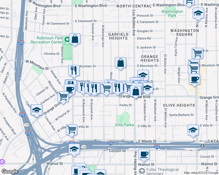map of restaurants, bars, coffee shops, grocery stores, and more near 801 Garfield Avenue in Pasadena
