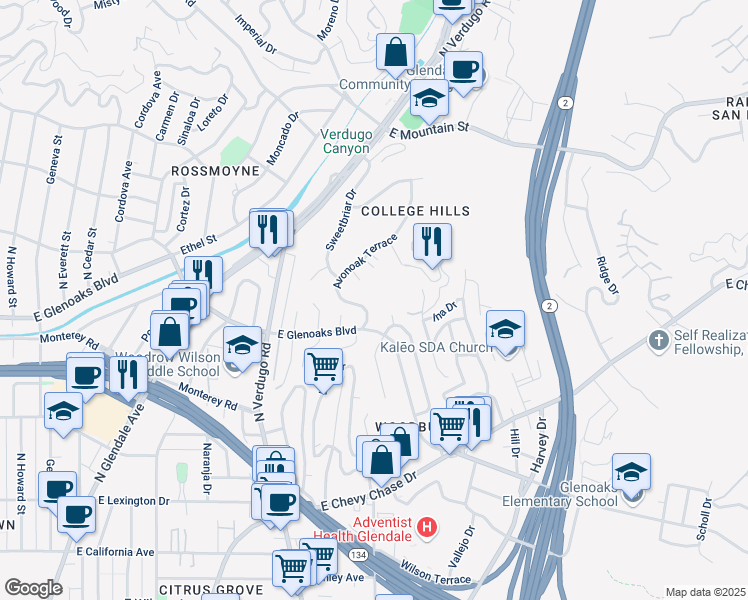 map of restaurants, bars, coffee shops, grocery stores, and more near 1000 Principia Drive in Glendale
