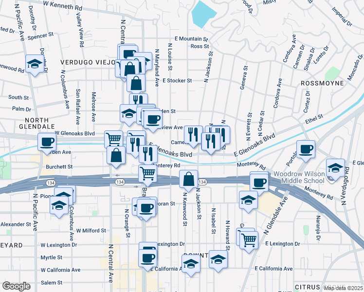 map of restaurants, bars, coffee shops, grocery stores, and more near 403 Cameron Place in Glendale