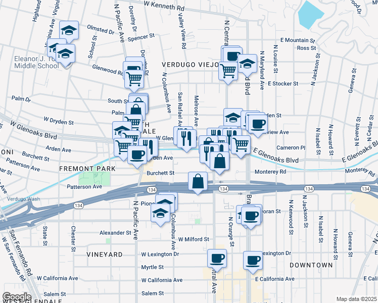 map of restaurants, bars, coffee shops, grocery stores, and more near 300 West Glenoaks Boulevard in Glendale