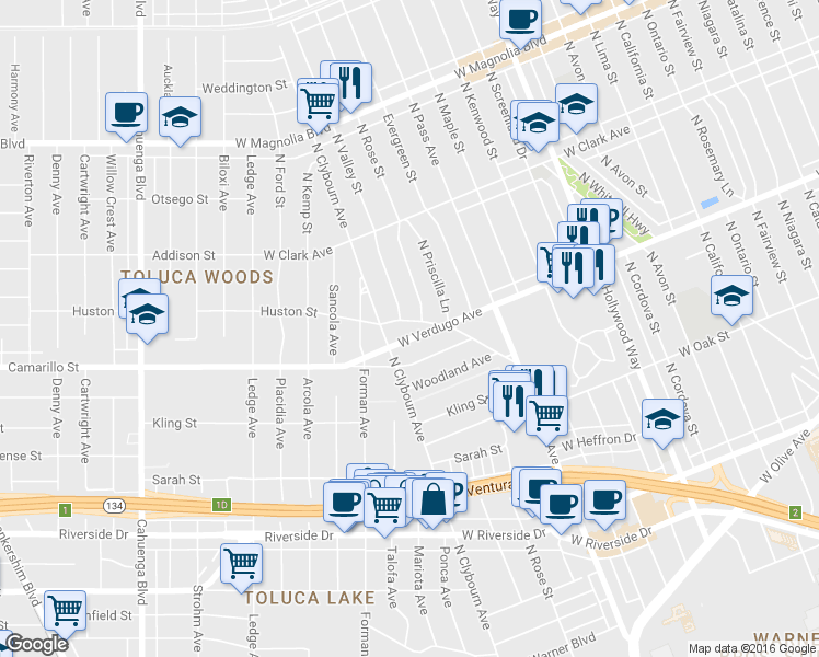 map of restaurants, bars, coffee shops, grocery stores, and more near 611 North Valley Street in Burbank