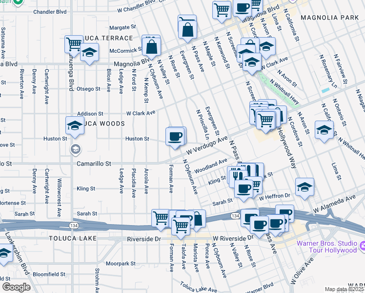 map of restaurants, bars, coffee shops, grocery stores, and more near 611 North Valley Street in Burbank